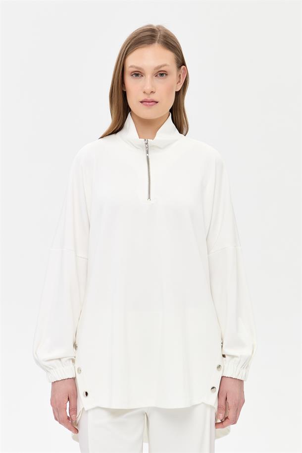 Kolları Lastikli Yakası Fermuarlı Tunik-KEMIK