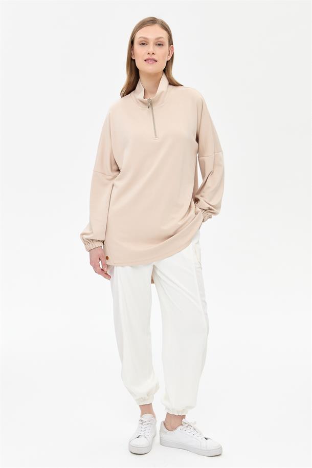 Kolları Lastikli Yakası Fermuarlı Tunik-BEJ