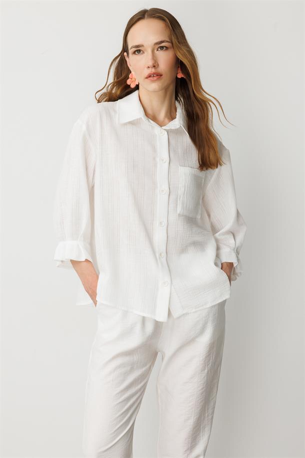 Kolları Pileli Keten Görünüm Gömlek-KEMIK