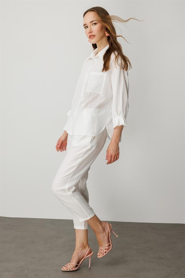 Kolları Pileli Keten Görünüm Gömlek-KEMIK