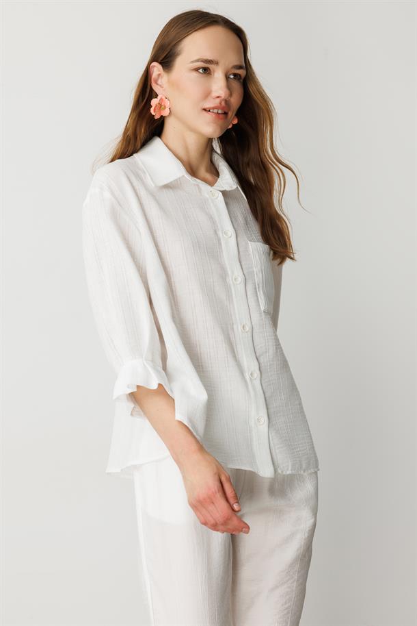 Kolları Pileli Keten Görünüm Gömlek-KEMIK