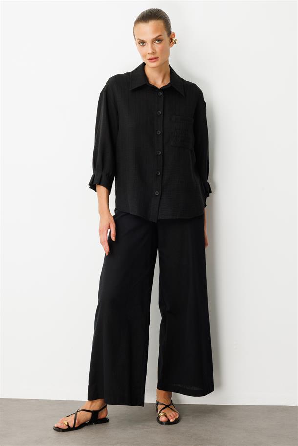 Kolları Pileli Keten Görünüm Gömlek-SİYAH