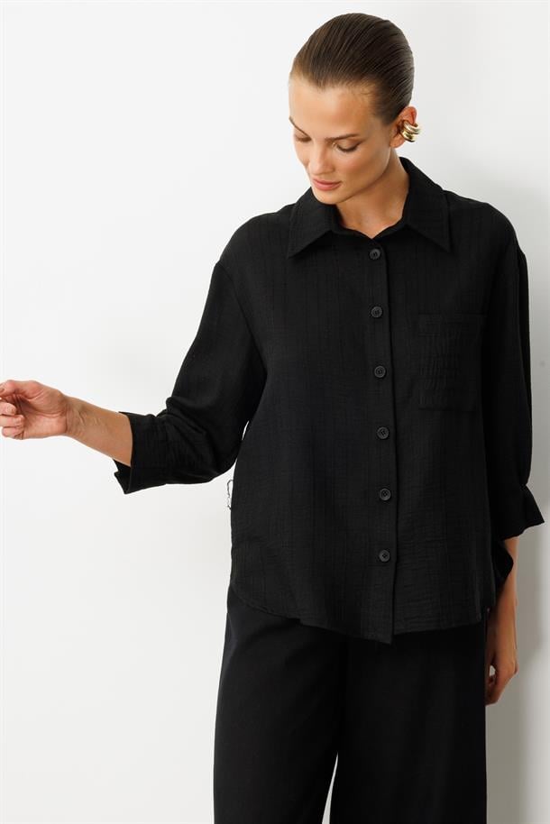 Kolları Pileli Keten Görünüm Gömlek-SİYAH