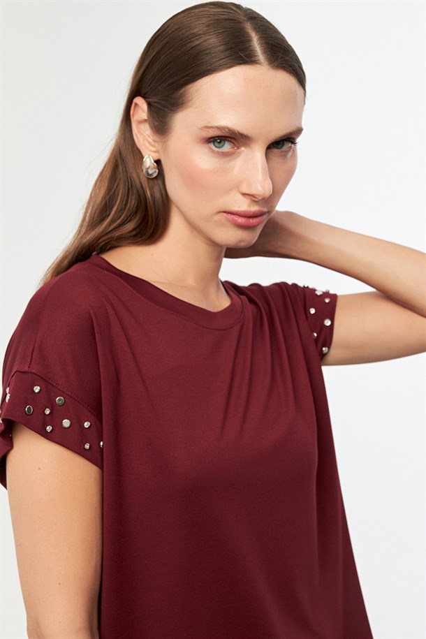 Kolları Taş Detaylı Penye Bluz-BORDO