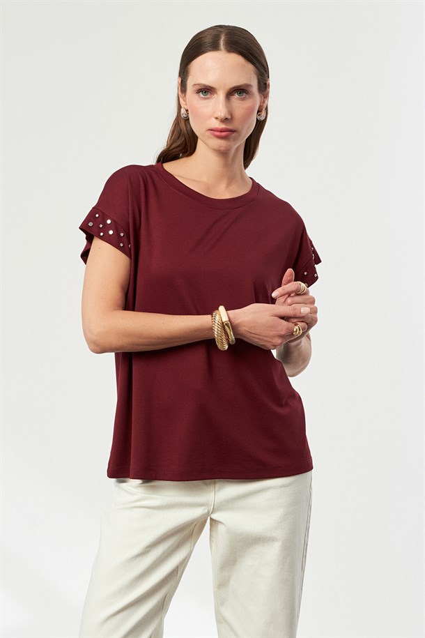 Kolları Taş Detaylı Penye Bluz-BORDO