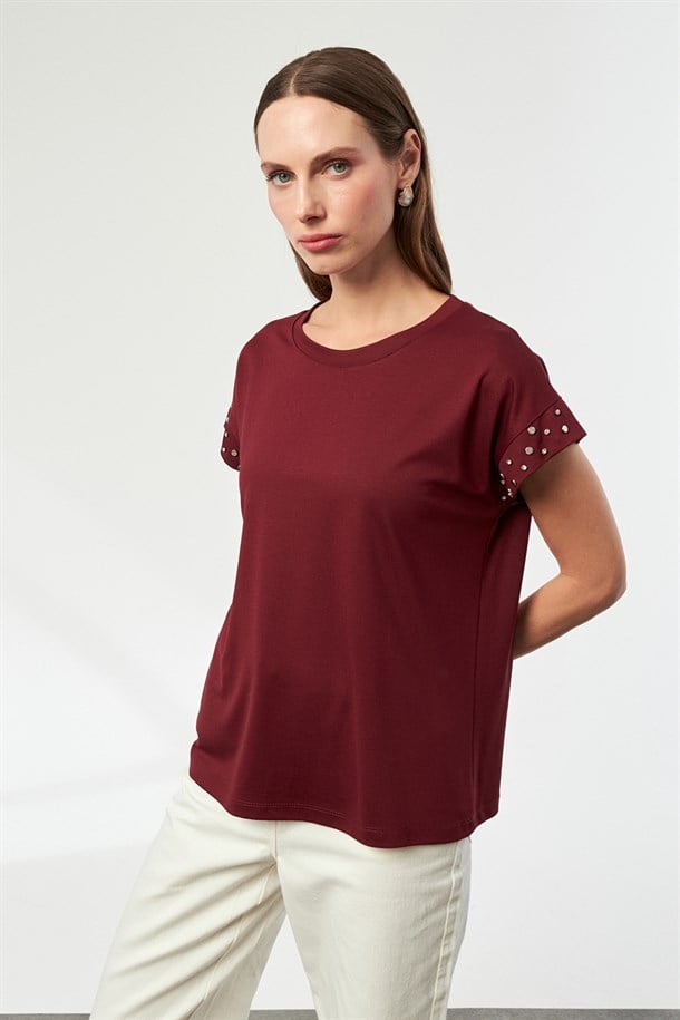 Kolları Taş Detaylı Penye Bluz-BORDO