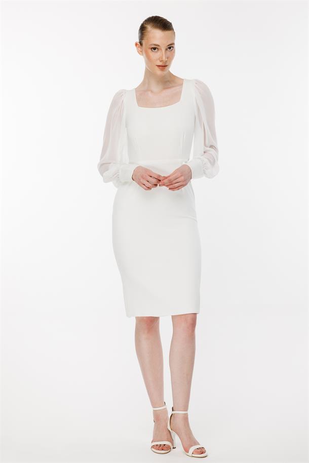 Kolları Tüllü Kısa Kalem Abiye Elbise-EKRU