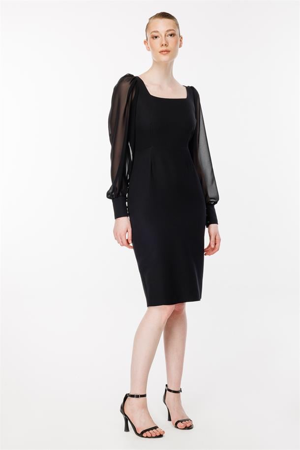 Kolları Tüllü Kısa Kalem Abiye Elbise-SİYAH