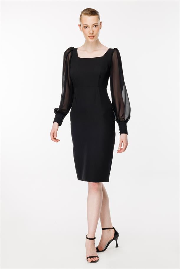 Kolları Tüllü Kısa Kalem Abiye Elbise-SİYAH