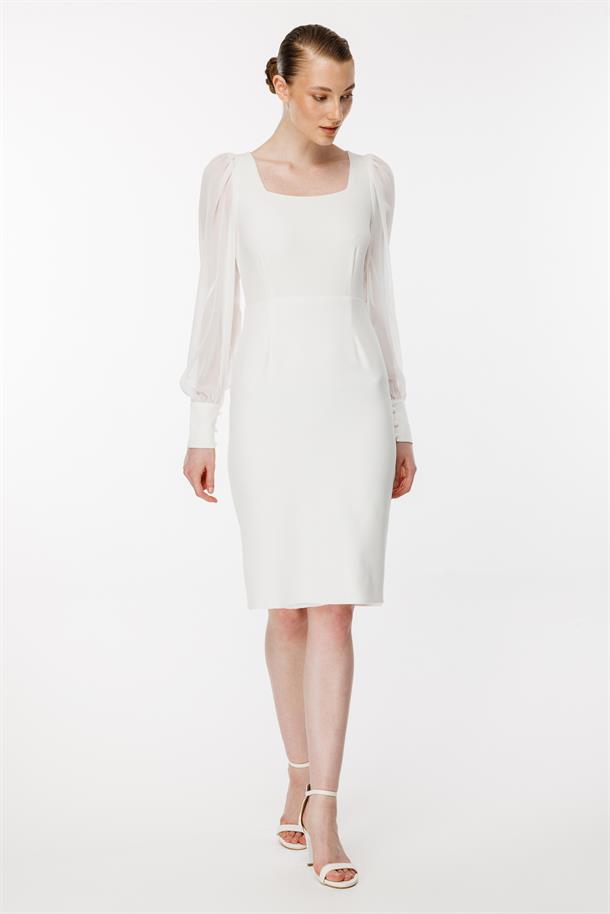 Kolları Tüllü Kısa Kalem Abiye Elbise-EKRU