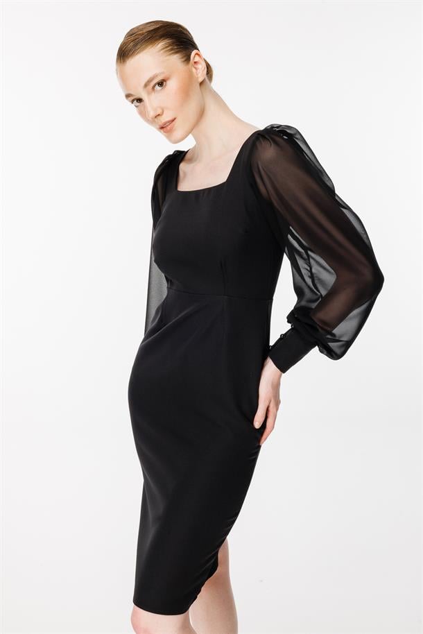 Kolları Tüllü Kısa Kalem Abiye Elbise-SİYAH