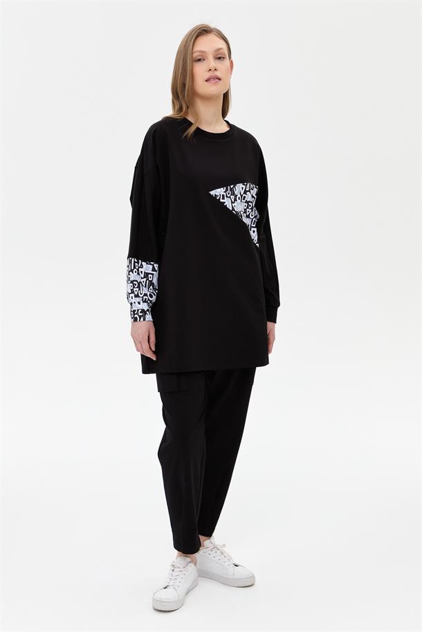 Kolları ve Önü Desenli Tunik-SİYAH