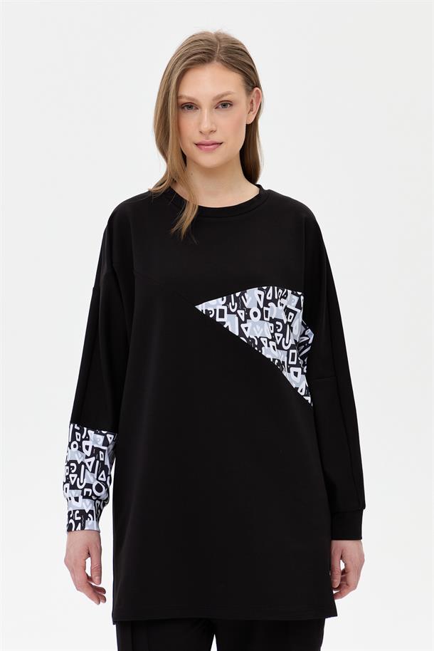 Kolları ve Önü Desenli Tunik-SİYAH