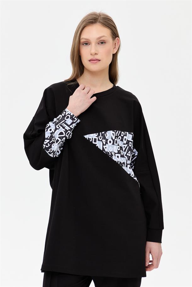 Kolları ve Önü Desenli Tunik-SİYAH