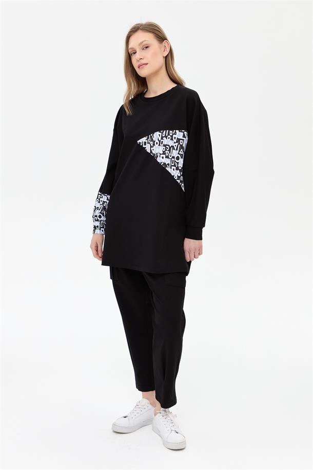 Kolları ve Önü Desenli Tunik-SİYAH
