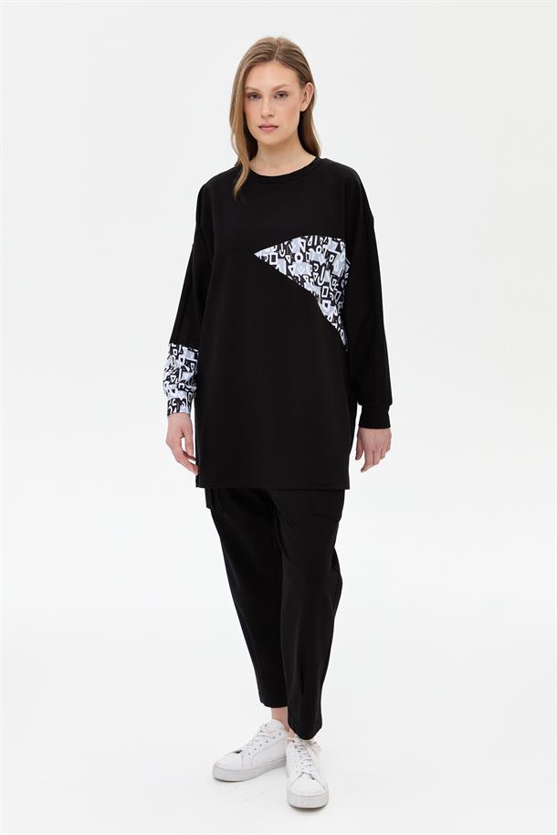 Kolları ve Önü Desenli Tunik-SİYAH