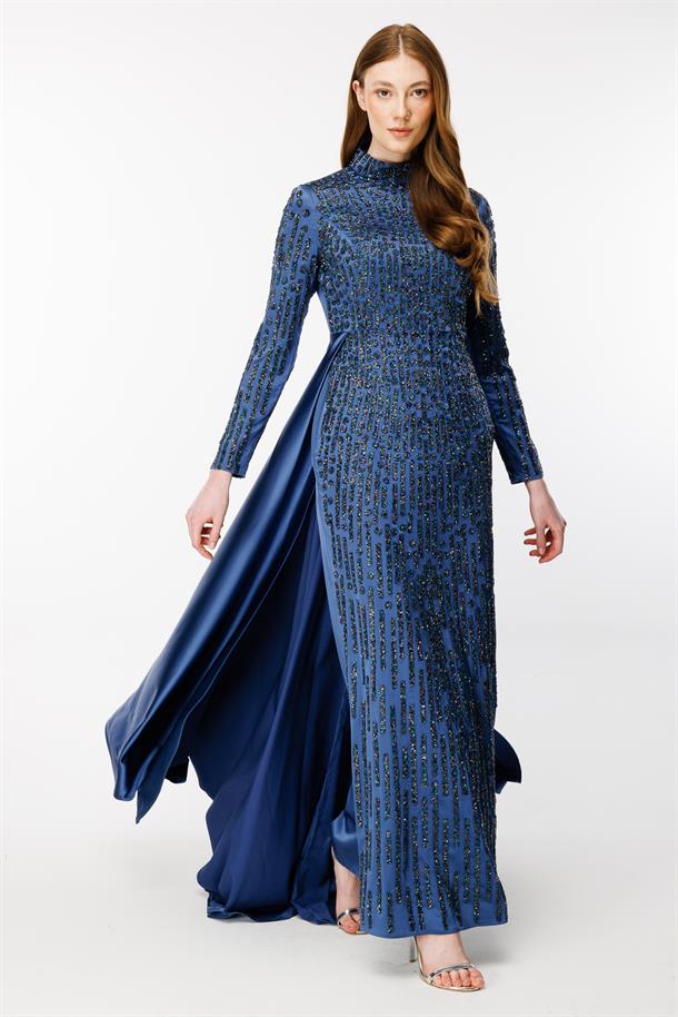 Kolları Ve Önü Taş İşlemeli Uzun Abiye-MAVİ