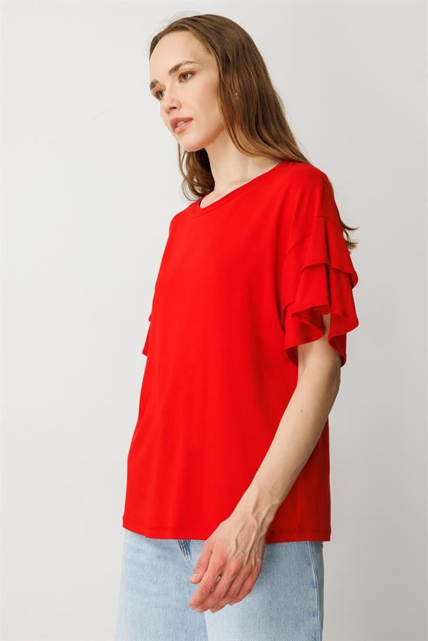 Kolları Volanlı Tişört-KIRMIZI