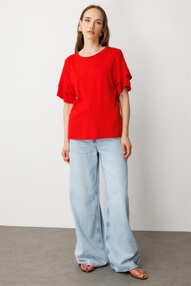 Kolları Volanlı Tişört-KIRMIZI