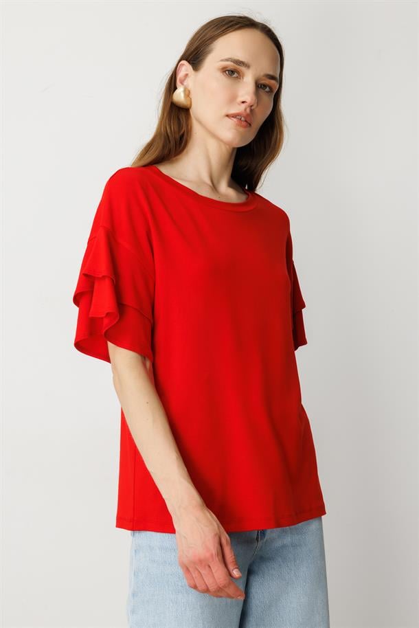 Kolları Volanlı Tişört-KIRMIZI