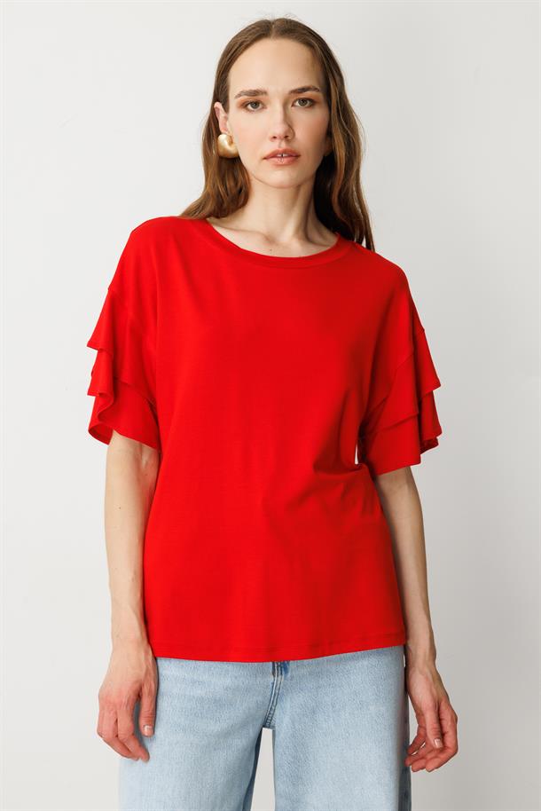 Kolları Volanlı Tişört-KIRMIZI