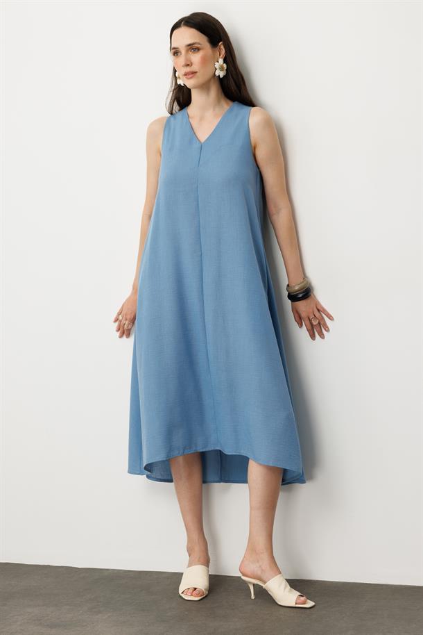 Kolsuz V Yaka Rahat Kesim Elbise-MAVİ