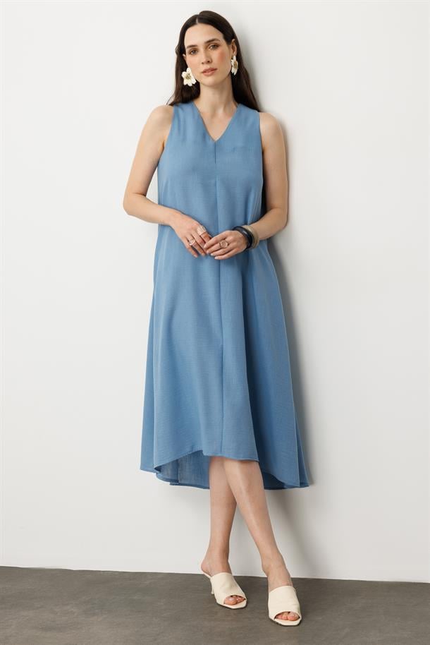 Kolsuz V Yaka Rahat Kesim Elbise-MAVİ