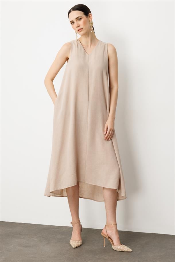 Kolsuz V Yaka Rahat Kesim Elbise-TAŞ