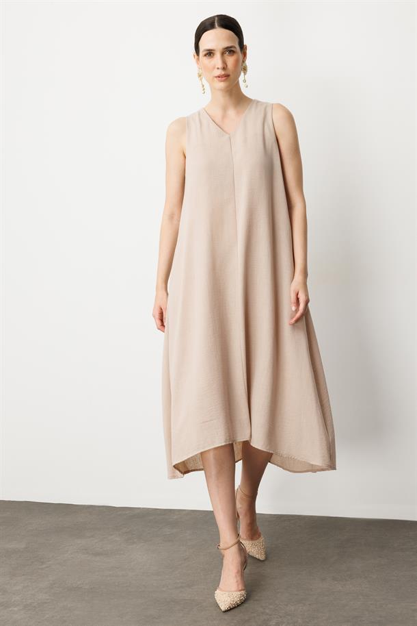 Kolsuz V Yaka Rahat Kesim Elbise-TAŞ