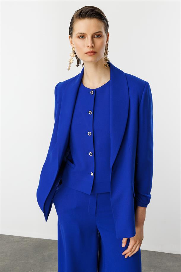 Kolu Büzgülü Cep Detaylı Ceket-SAX