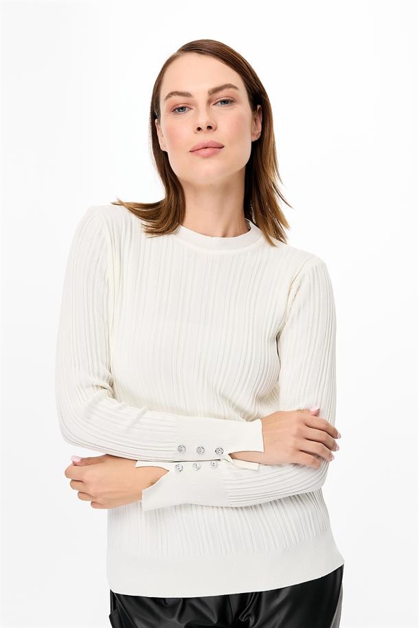 Kolu Düğmeli Sıfır Yaka Triko Kazak-EKRU