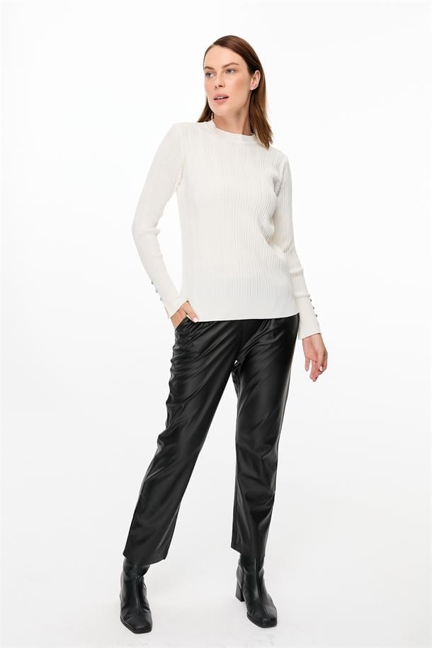 Kolu Düğmeli Sıfır Yaka Triko Kazak-EKRU