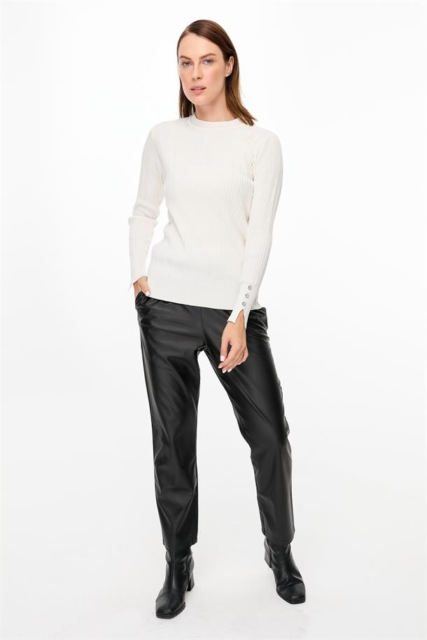 Kolu Düğmeli Sıfır Yaka Triko Kazak-EKRU