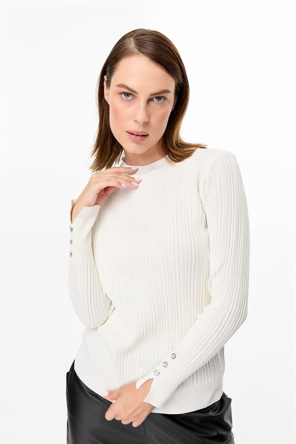 Kolu Düğmeli Sıfır Yaka Triko Kazak-EKRU