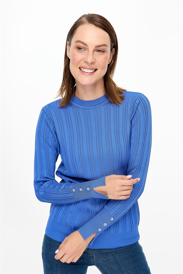 Kolu Düğmeli Sıfır Yaka Triko Kazak-SAX