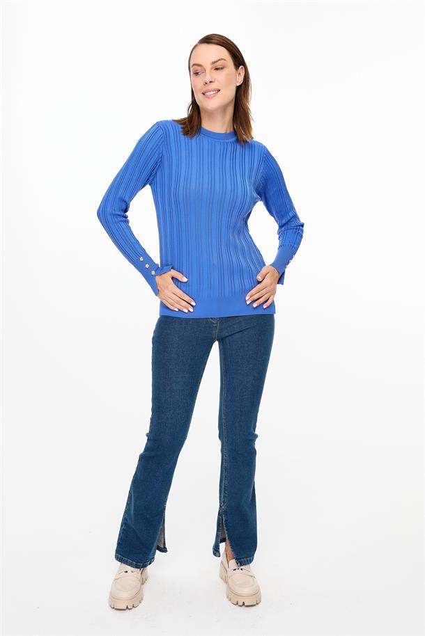 Kolu Düğmeli Sıfır Yaka Triko Kazak-SAX