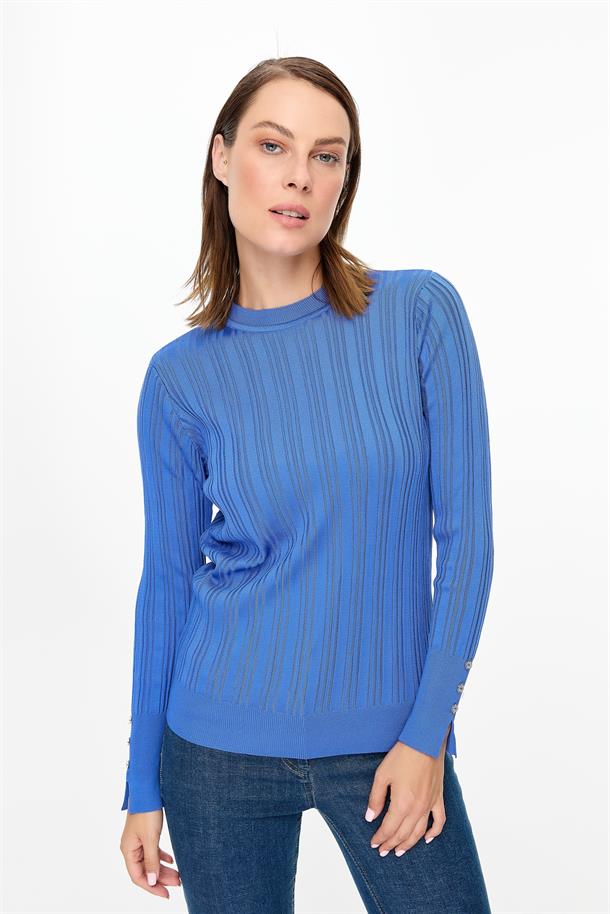 Kolu Düğmeli Sıfır Yaka Triko Kazak-SAX