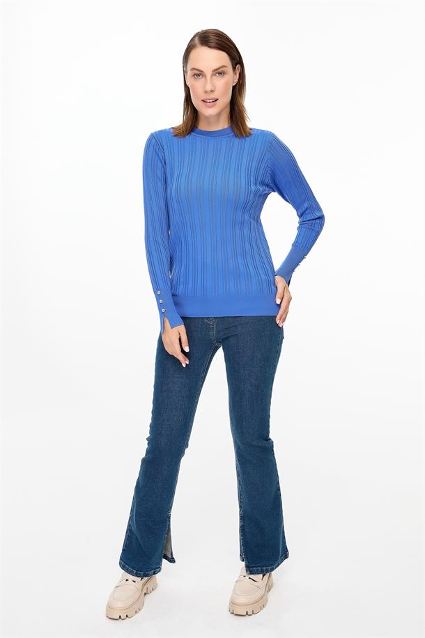 Kolu Düğmeli Sıfır Yaka Triko Kazak-SAX