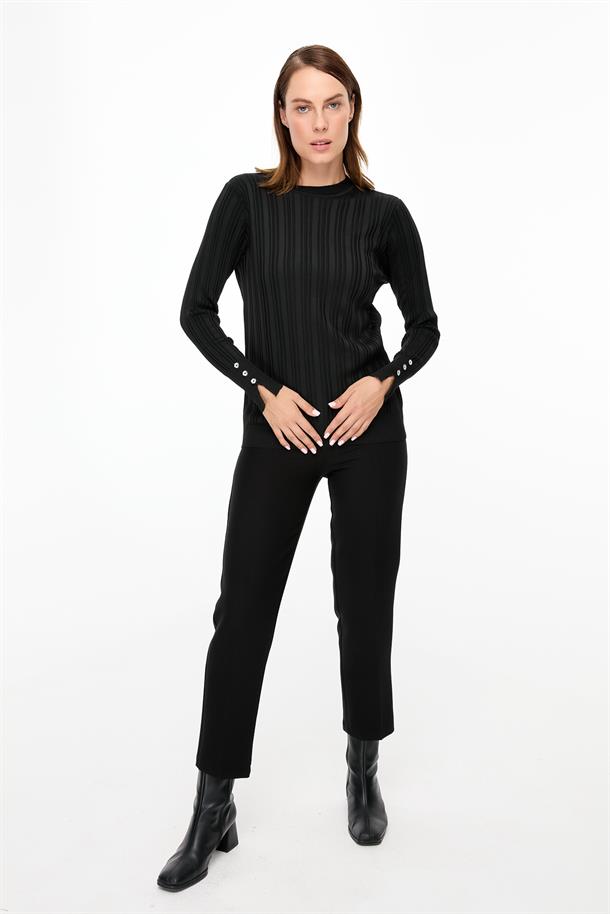 Kolu Düğmeli Sıfır Yaka Triko Kazak-SİYAH