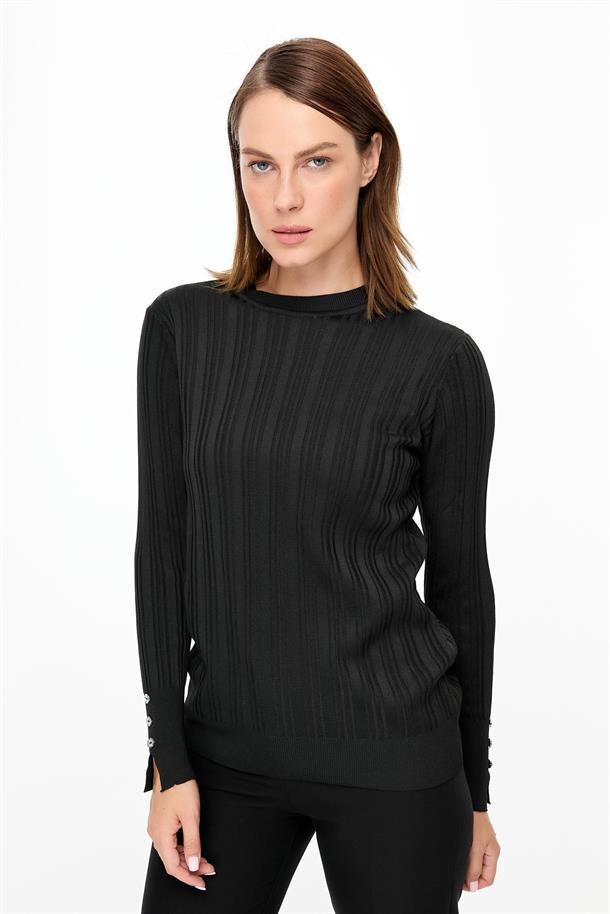 Kolu Düğmeli Sıfır Yaka Triko Kazak-SİYAH