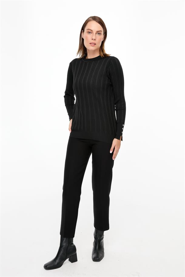 Kolu Düğmeli Sıfır Yaka Triko Kazak-SİYAH