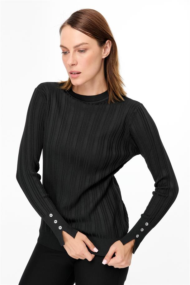 Kolu Düğmeli Sıfır Yaka Triko Kazak-SİYAH