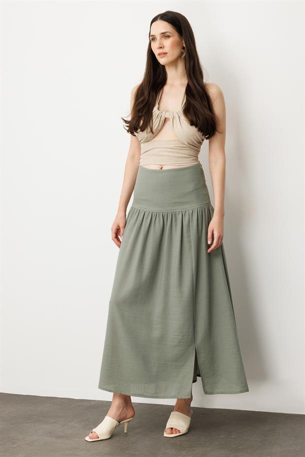 Korsajlı Büzgülü Uzun Etek-HAKİ