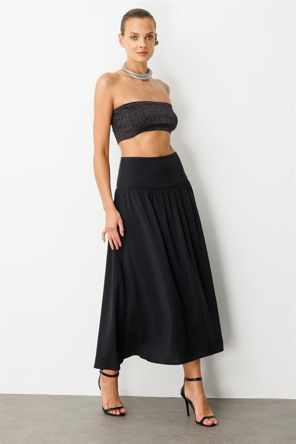 Korsajlı Büzgülü Uzun Etek-SİYAH
