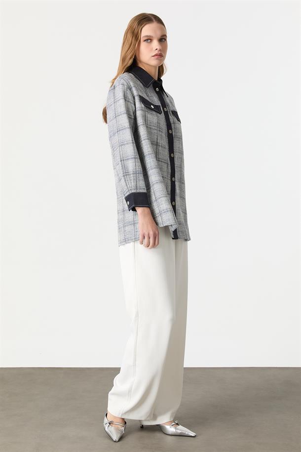 Kot Detaylı Ekose Gömlek-MAVİ