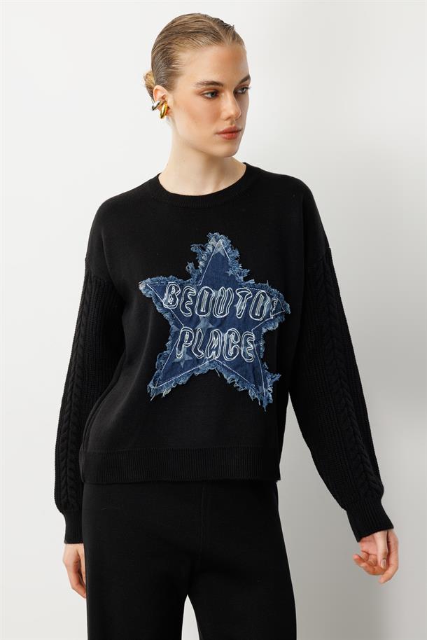 Kot Yıldız Detaylı Triko Kazak-SİYAH