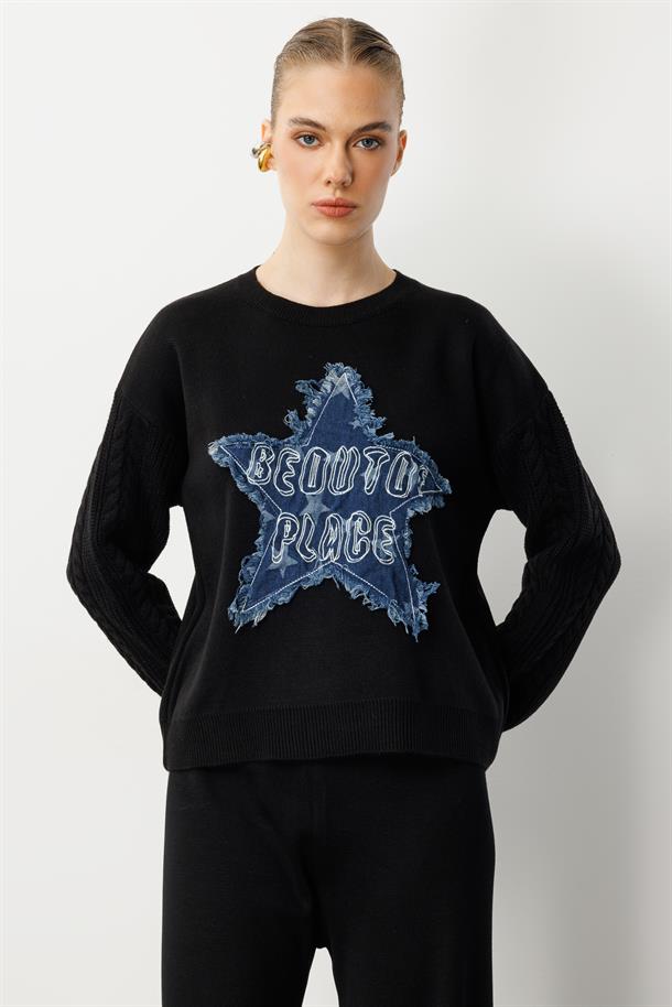 Kot Yıldız Detaylı Triko Kazak-SİYAH