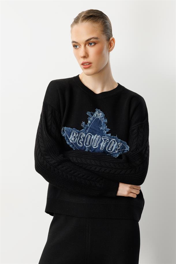 Kot Yıldız Detaylı Triko Kazak-SİYAH