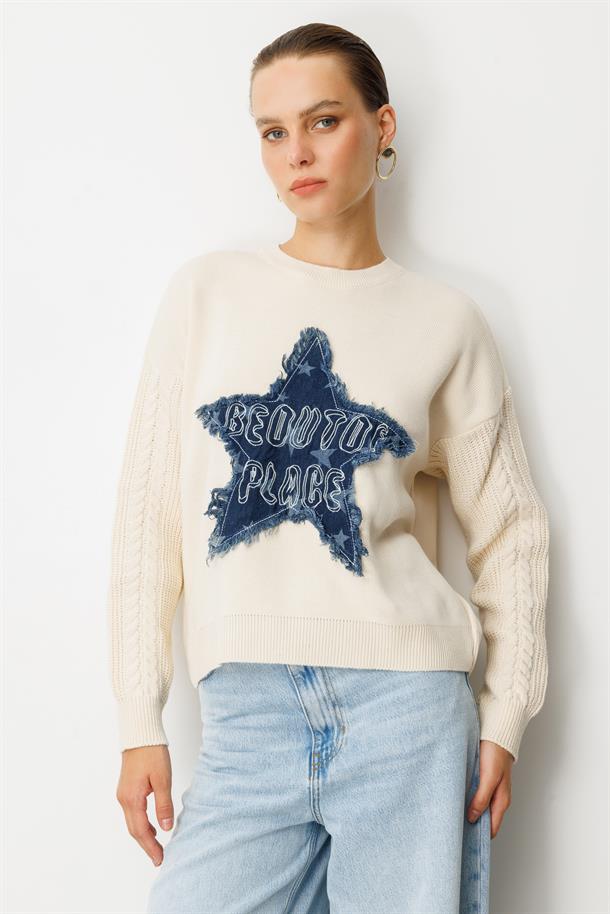 Kot Yıldız Detaylı Triko Kazak-KREM