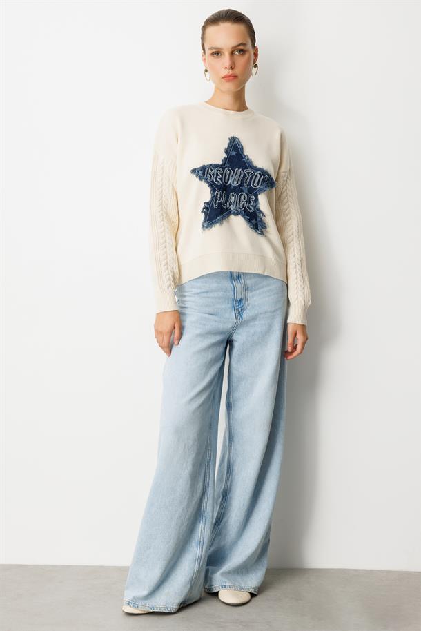 Kot Yıldız Detaylı Triko Kazak-KREM